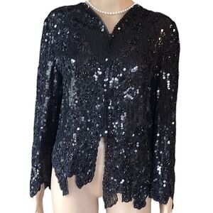 Women's Black Beaded Embroidered Floral Sequin Formal Evening Zipper Jacket